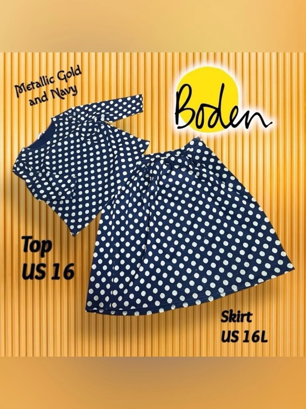 Boden Navy Blue Gold Metallic Polka Dot 2 pc Top Size 16 and Skirt Size 16L